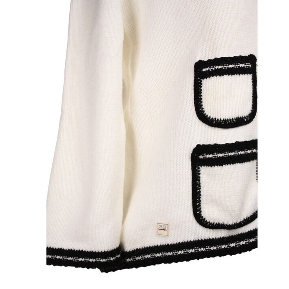 Vintage Sweater Cardigan White w Black Edging Pockets 70s Deadstock 38 - Hey Viv - Picture 6 of 7